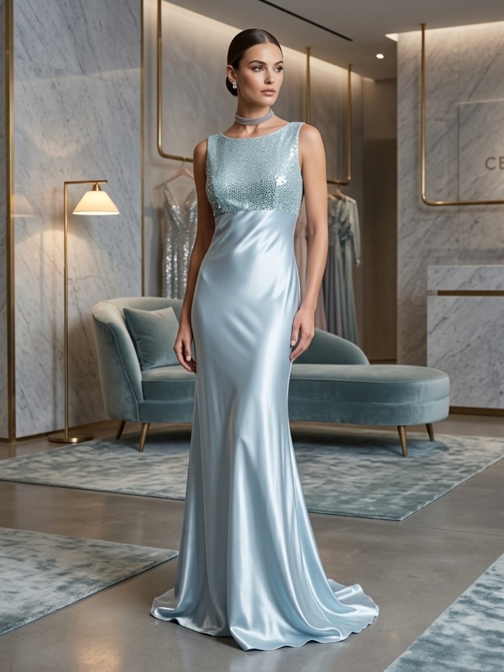 Vtg 90s All That Jazz Dress‎ 7/8 Light Blue Sequin Sparkle Satin Evening Gown